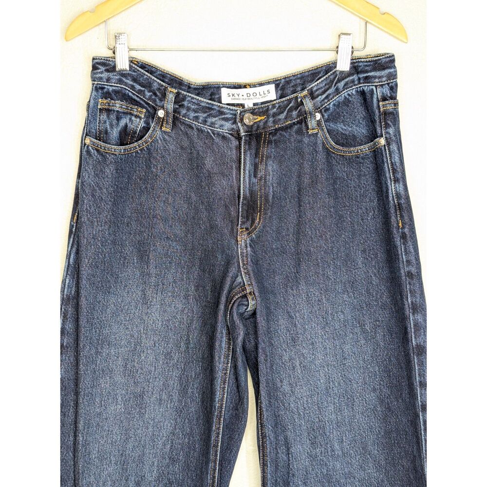 Sky Dolls Dark Blue Low-Mid Rise Jeans Size L Tall Wide Leg Mid Rise Cotton - Picture 4 of 8